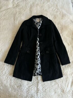 Tulle Anthropologie Black Wool Blend Button Front Peacoat Jacket